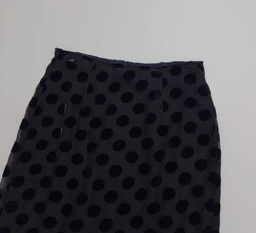 Vintage Mulberry Silk Velvet Polka-Dot High-Waisted Straight-Leg Slit Double-Layer Skirt in Black, product view 04