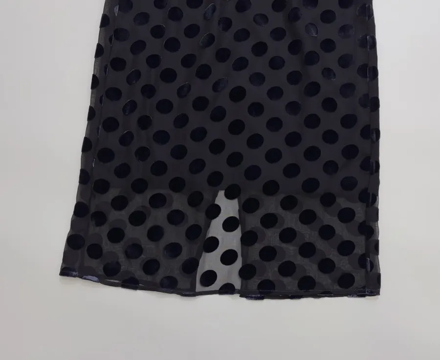 Vintage Mulberry Silk Velvet Polka-Dot High-Waisted Straight-Leg Slit Double-Layer Skirt in Black, product view 10