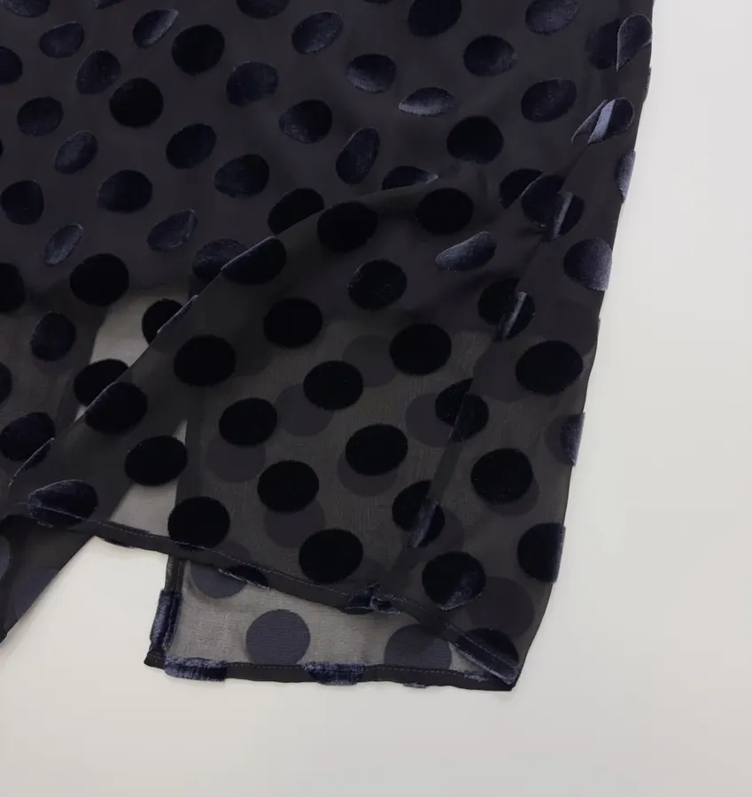 Vintage Mulberry Silk Velvet Polka-Dot High-Waisted Straight-Leg Slit Double-Layer Skirt in Black, product view 17