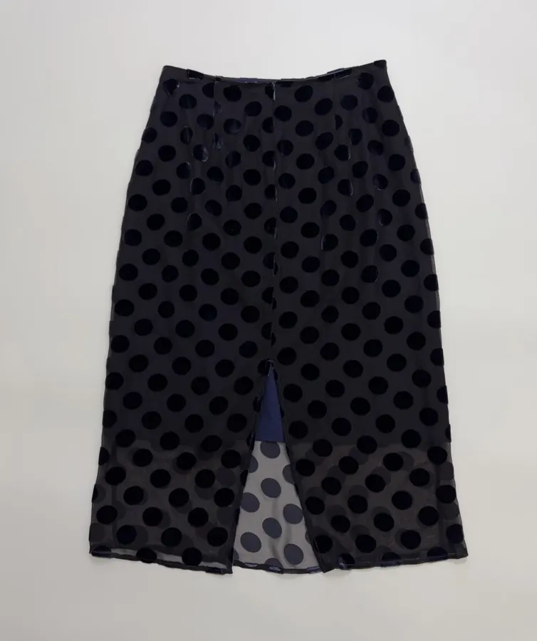 Vintage Mulberry Silk Velvet Polka-Dot High-Waisted Straight-Leg Slit Double-Layer Skirt in Black, product view 18