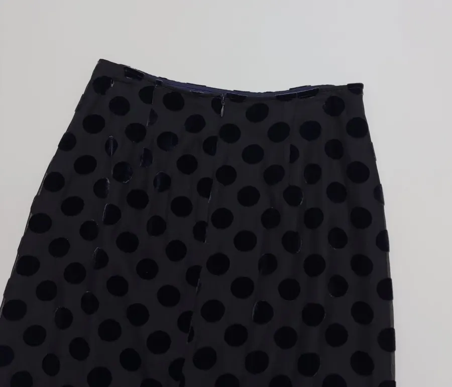Vintage Mulberry Silk Velvet Polka-Dot High-Waisted Straight-Leg Slit Double-Layer Skirt in Black, product view 19