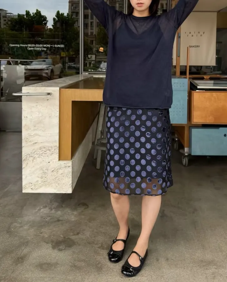 Vintage Mulberry Silk Velvet Polka-Dot High-Waisted Straight-Leg Slit Double-Layer Skirt in Black, product view 23