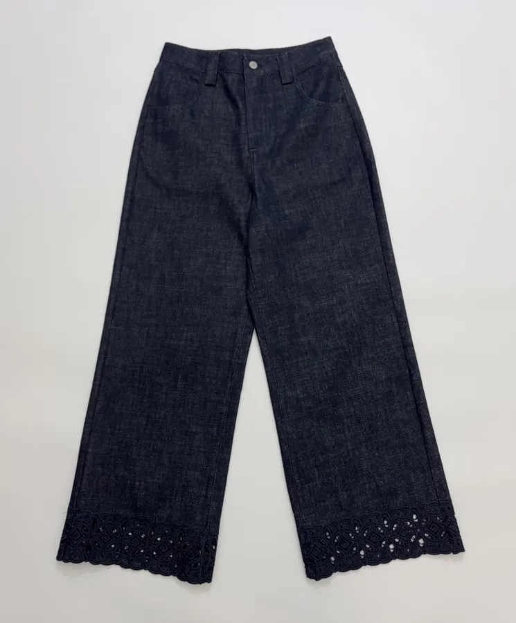 Retro Lace Trimmed Wide Straight-Leg Dark Blue Jeans in Navy, product view