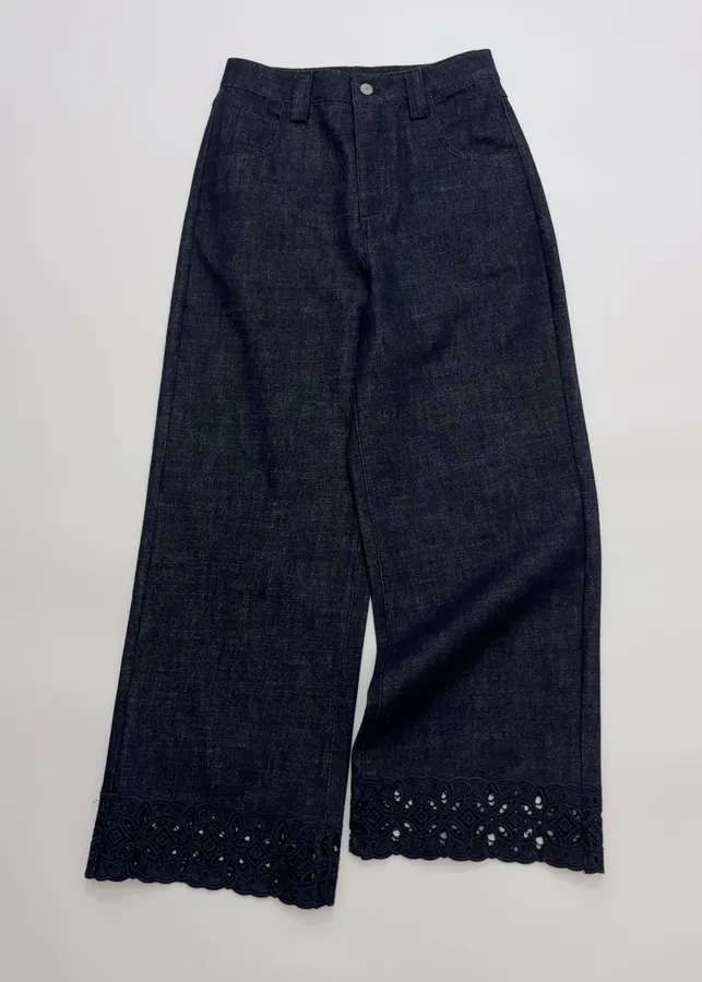 Retro Lace Trimmed Wide Straight-Leg Dark Blue Jeans in Navy, product view 02