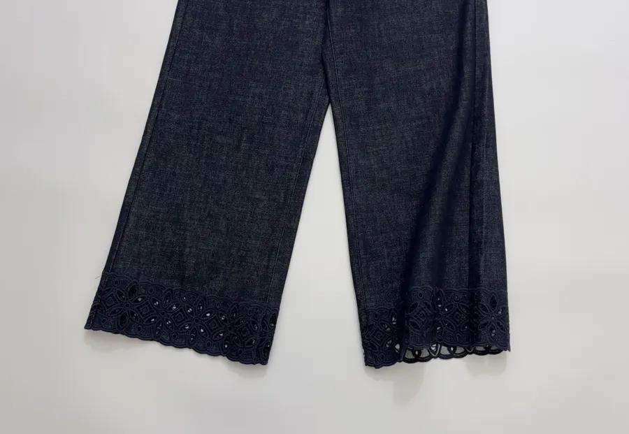 Retro Lace Trimmed Wide Straight-Leg Dark Blue Jeans in Navy, product view 08