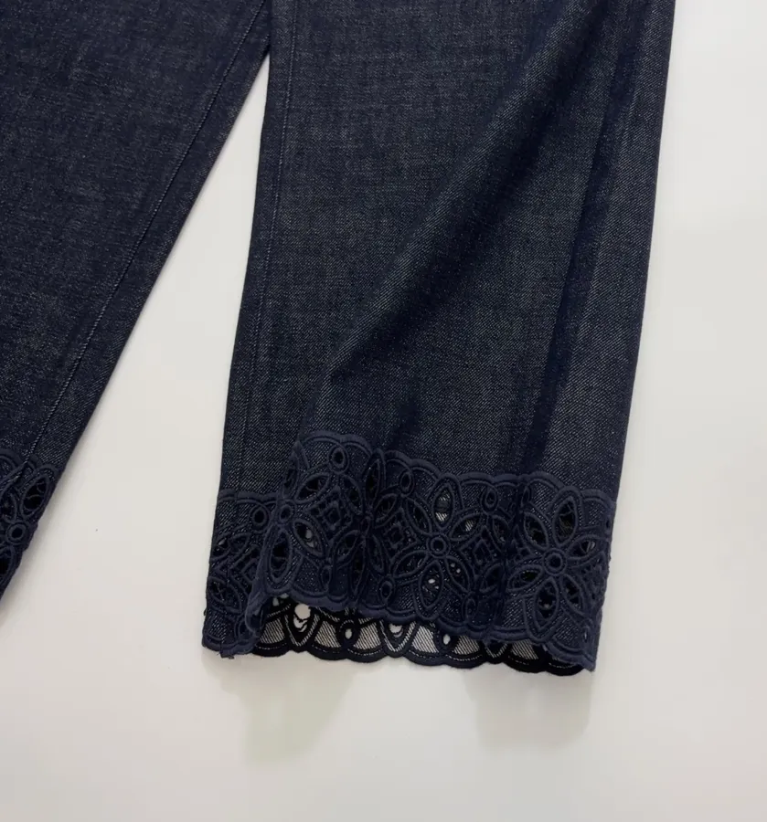 Retro Lace Trimmed Wide Straight-Leg Dark Blue Jeans in Navy, product view 10