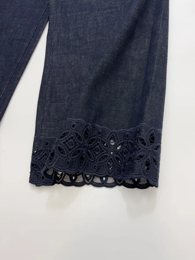 Retro Lace Trimmed Wide Straight-Leg Dark Blue Jeans in Navy, product view 11