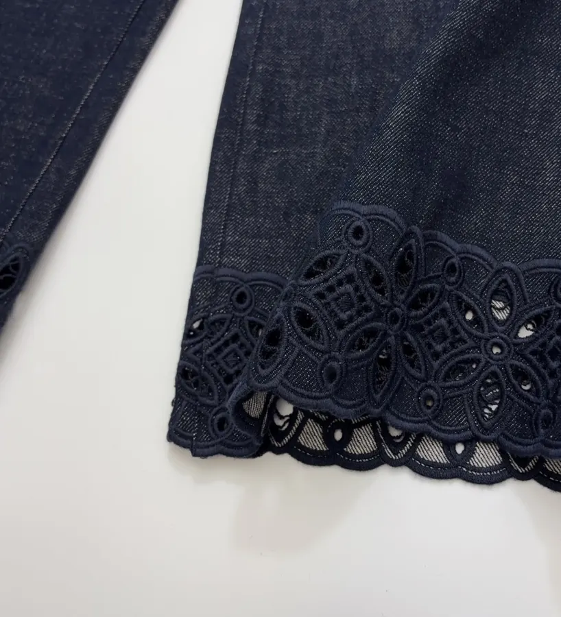 Retro Lace Trimmed Wide Straight-Leg Dark Blue Jeans in Navy, product view 12