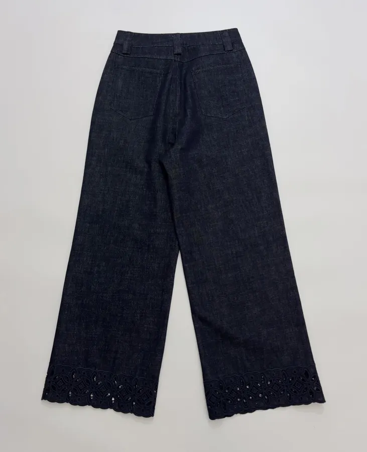 Retro Lace Trimmed Wide Straight-Leg Dark Blue Jeans in Navy, product view 13