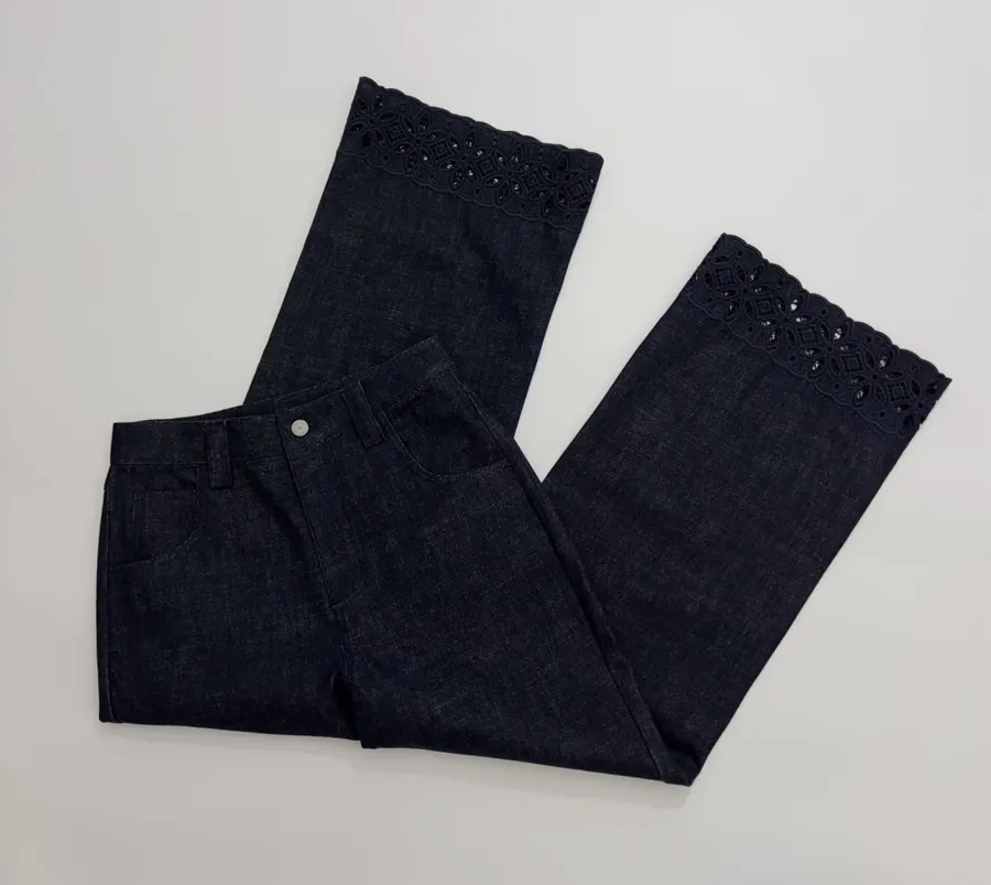 Retro Lace Trimmed Wide Straight-Leg Dark Blue Jeans in Navy, product view 15