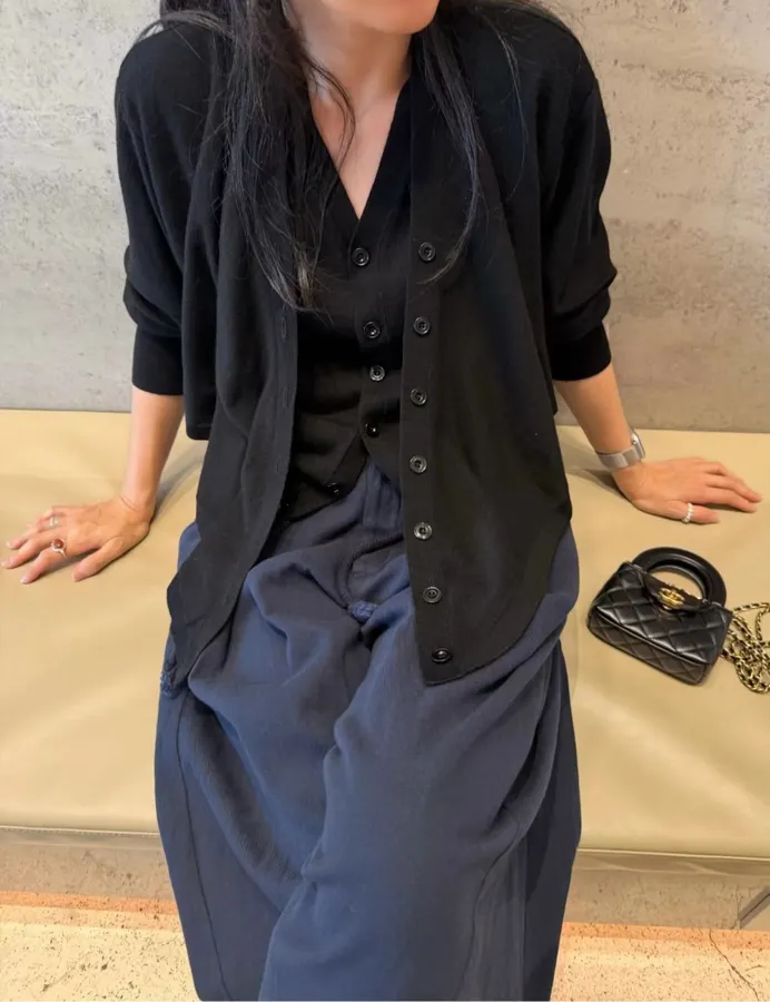 Black Trompe-l'Œil Knit Cardigan in Black, product view 24