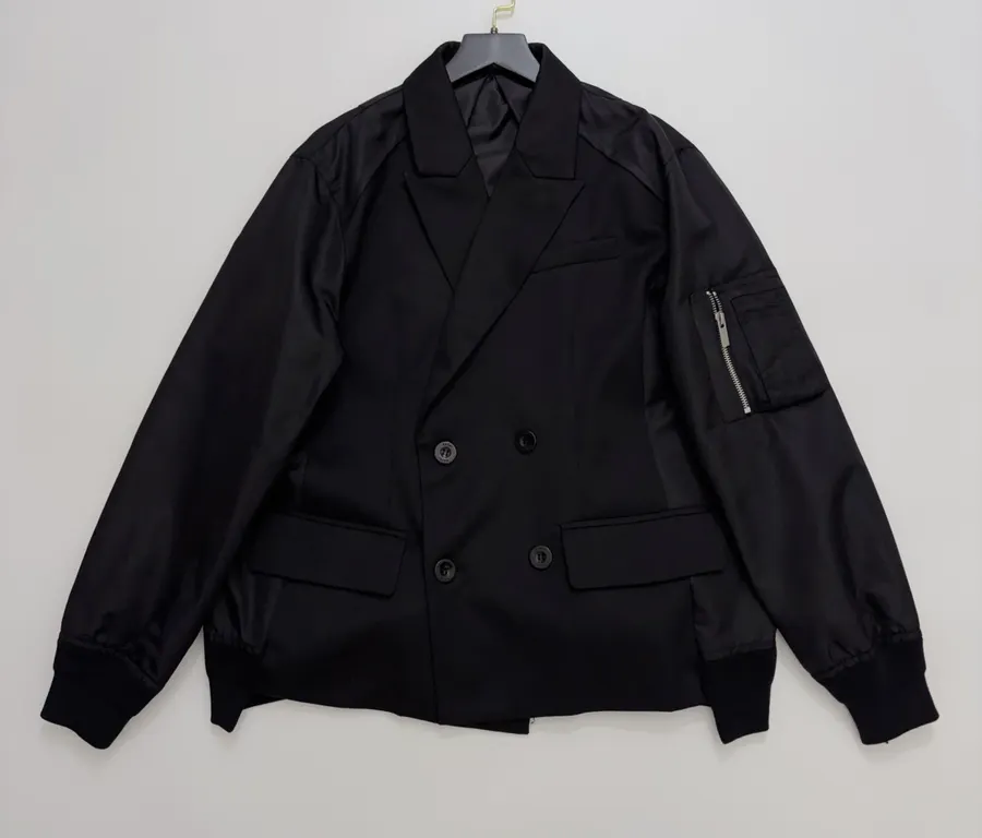 Niche Dark Industrial Patchwork Windbreaker Suit Jacket with Zipper, Outerwear in Black, product view 01