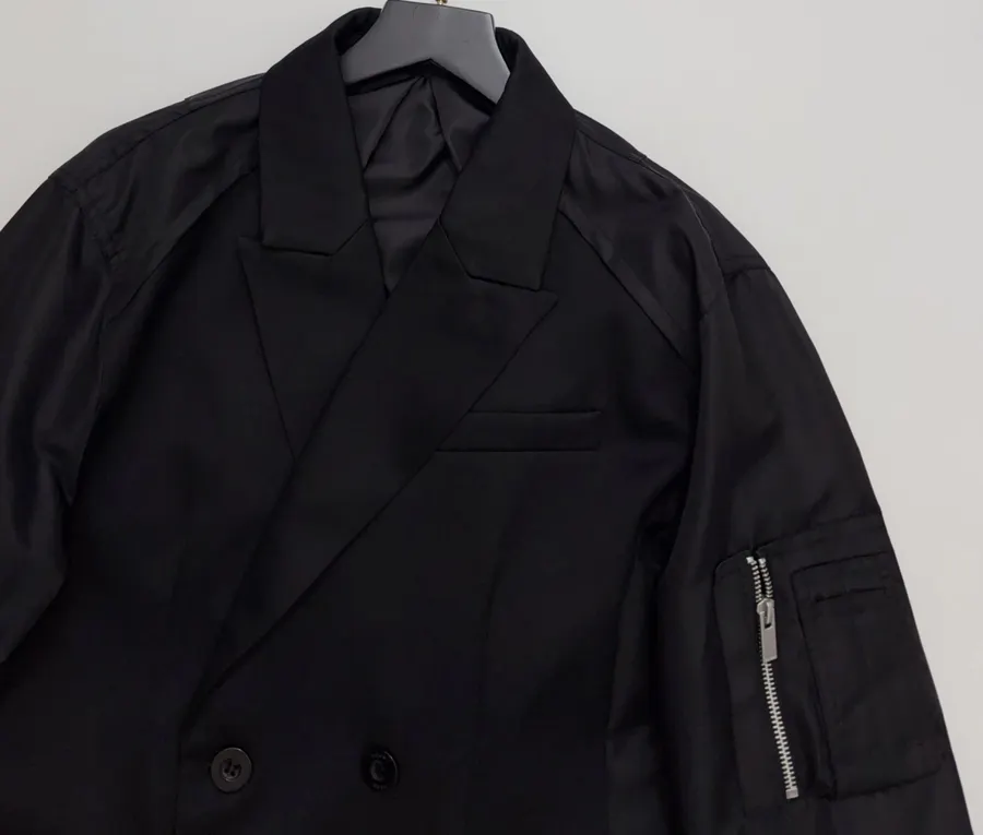 Niche Dark Industrial Patchwork Windbreaker Suit Jacket with Zipper, Outerwear in Black, product view 02