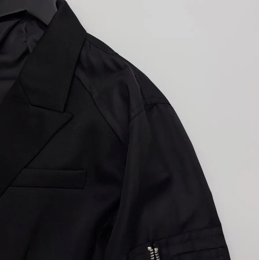 Niche Dark Industrial Patchwork Windbreaker Suit Jacket with Zipper, Outerwear in Black, product view 03