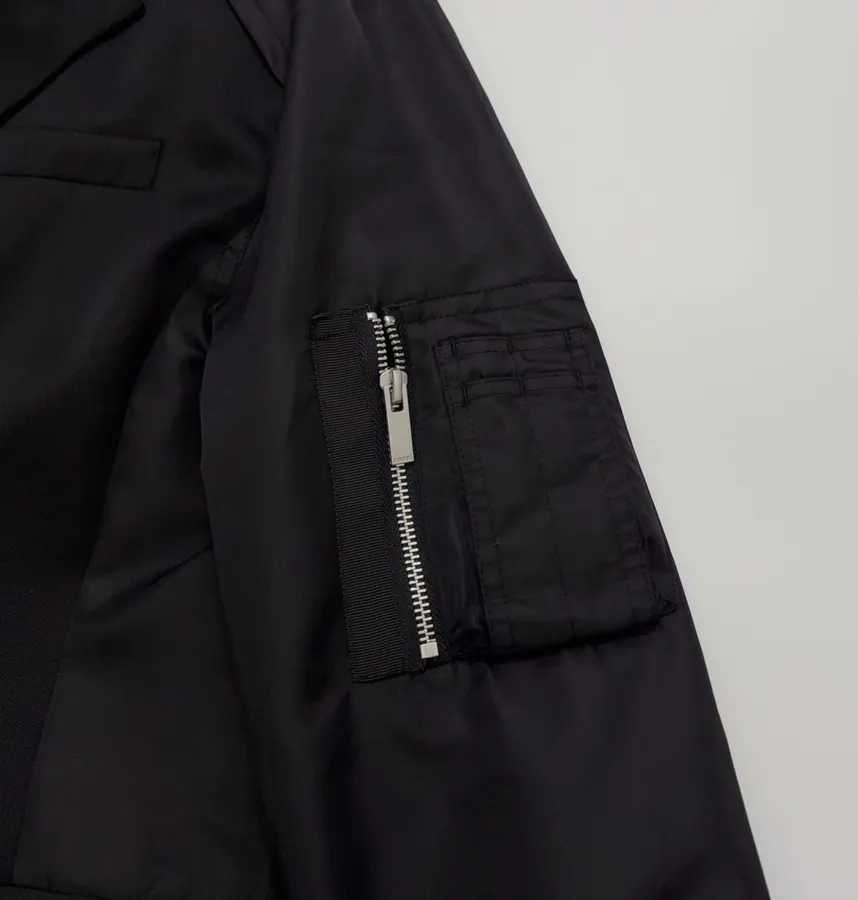Niche Dark Industrial Patchwork Windbreaker Suit Jacket with Zipper, Outerwear in Black, product view 04