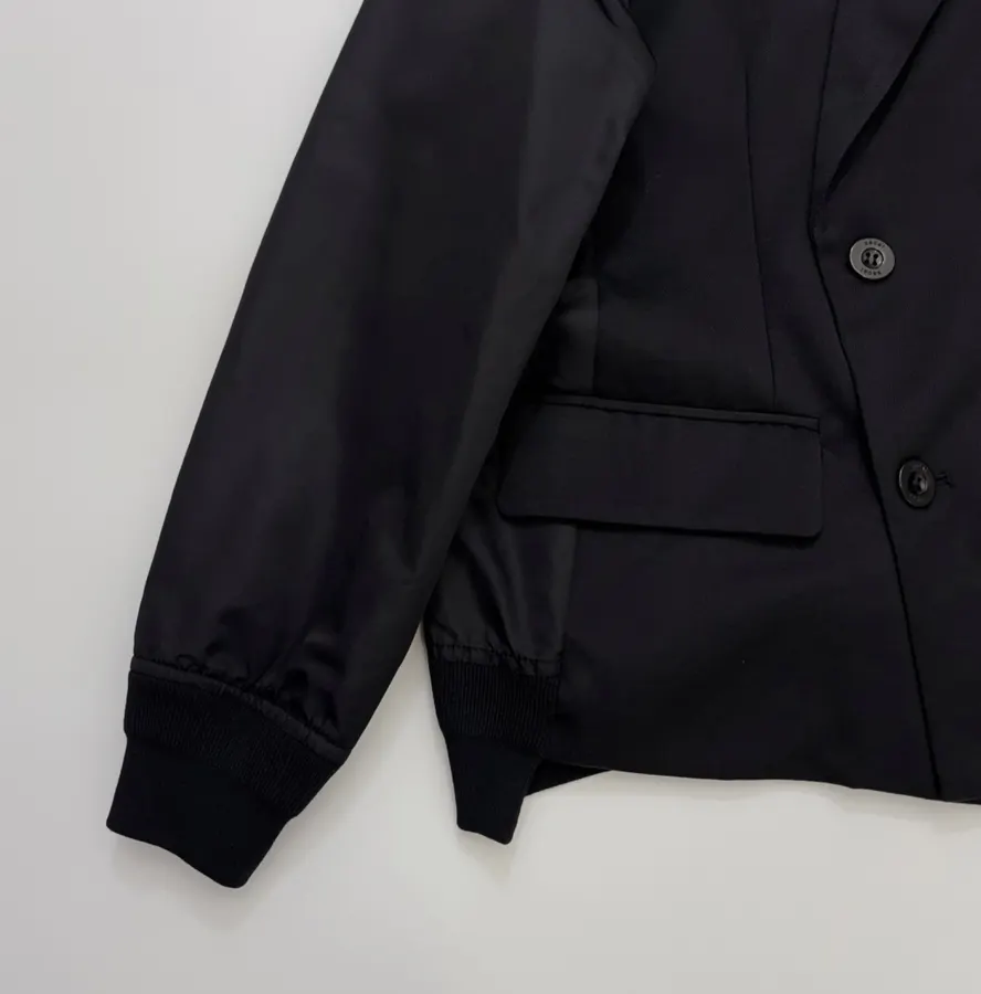 Niche Dark Industrial Patchwork Windbreaker Suit Jacket with Zipper, Outerwear in Black, product view 10