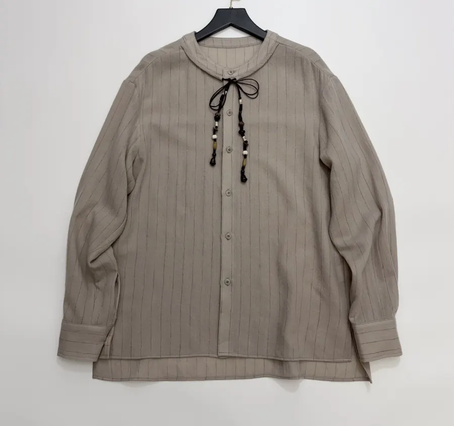 Niche Round-Neck Striped Jacquard Loose Wool Shirt with Wooden Bead Tassel in Taupe, product view 02