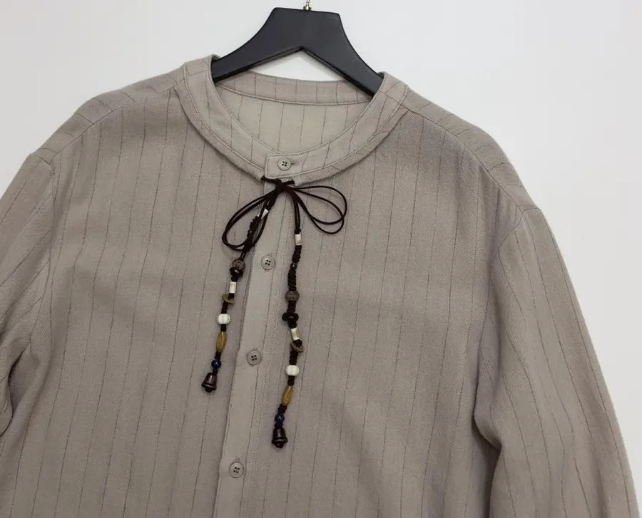 Niche Round-Neck Striped Jacquard Loose Wool Shirt with Wooden Bead Tassel in Taupe, product view 03