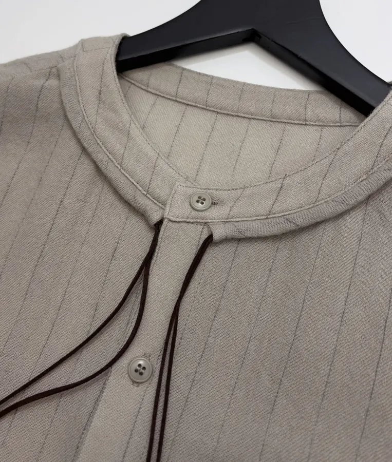 Niche Round-Neck Striped Jacquard Loose Wool Shirt with Wooden Bead Tassel in Taupe, product view 07