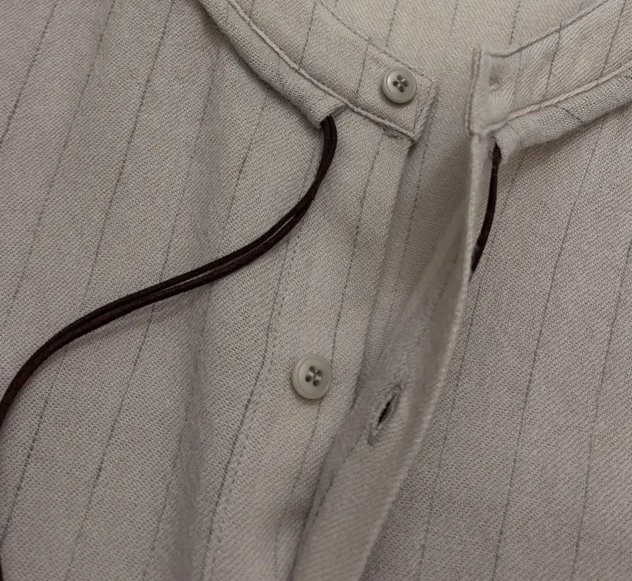 Niche Round-Neck Striped Jacquard Loose Wool Shirt with Wooden Bead Tassel in Taupe, product view 08