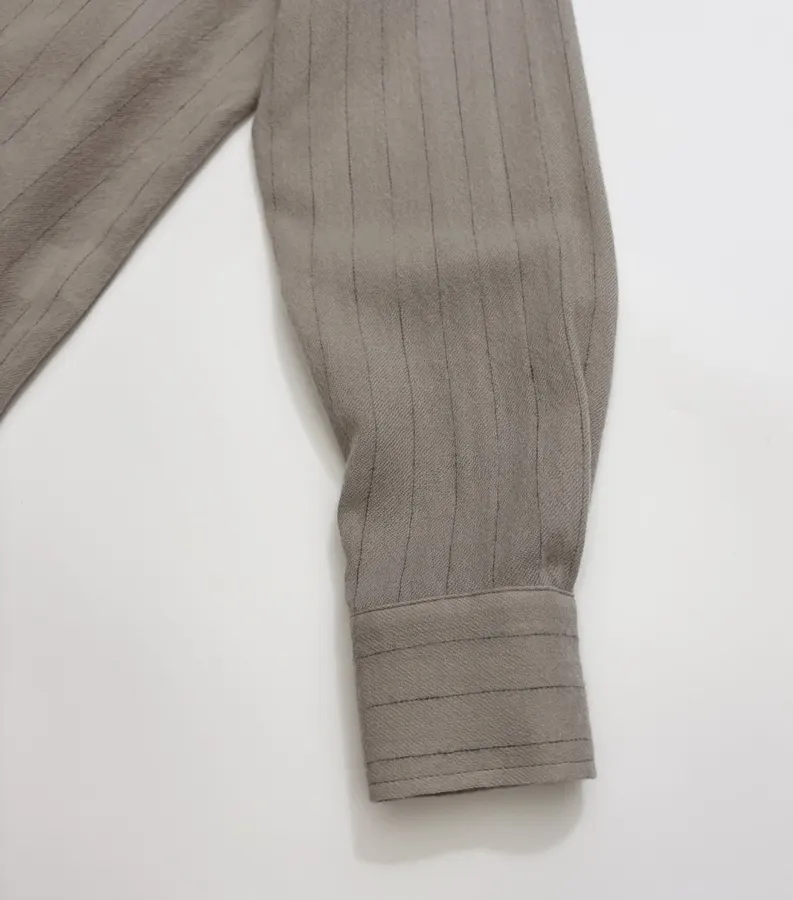 Niche Round-Neck Striped Jacquard Loose Wool Shirt with Wooden Bead Tassel in Taupe, product view 09