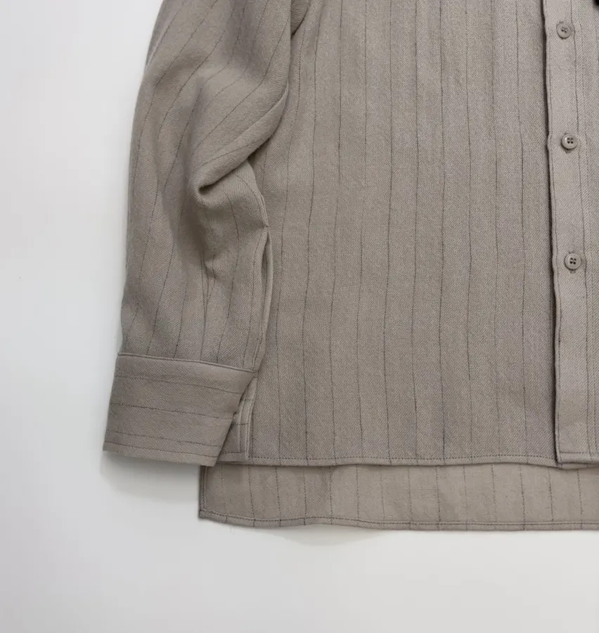 Niche Round-Neck Striped Jacquard Loose Wool Shirt with Wooden Bead Tassel in Taupe, product view 10