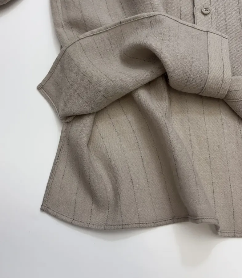 Niche Round-Neck Striped Jacquard Loose Wool Shirt with Wooden Bead Tassel in Taupe, product view 12