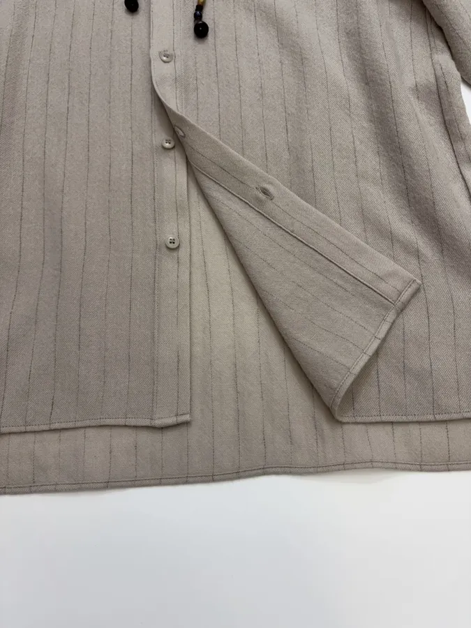 Niche Round-Neck Striped Jacquard Loose Wool Shirt with Wooden Bead Tassel in Taupe, product view 13