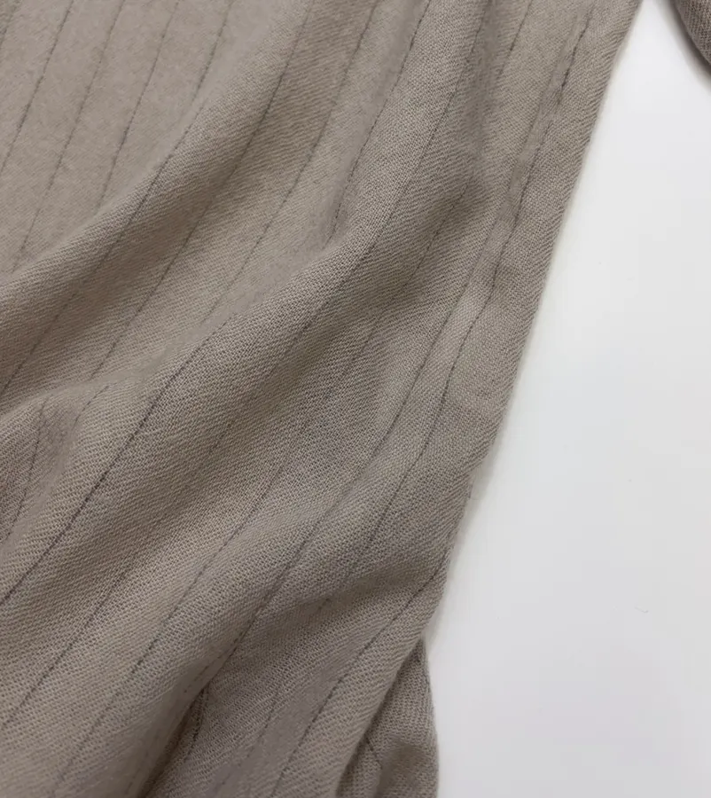 Niche Round-Neck Striped Jacquard Loose Wool Shirt with Wooden Bead Tassel in Taupe, product view 14