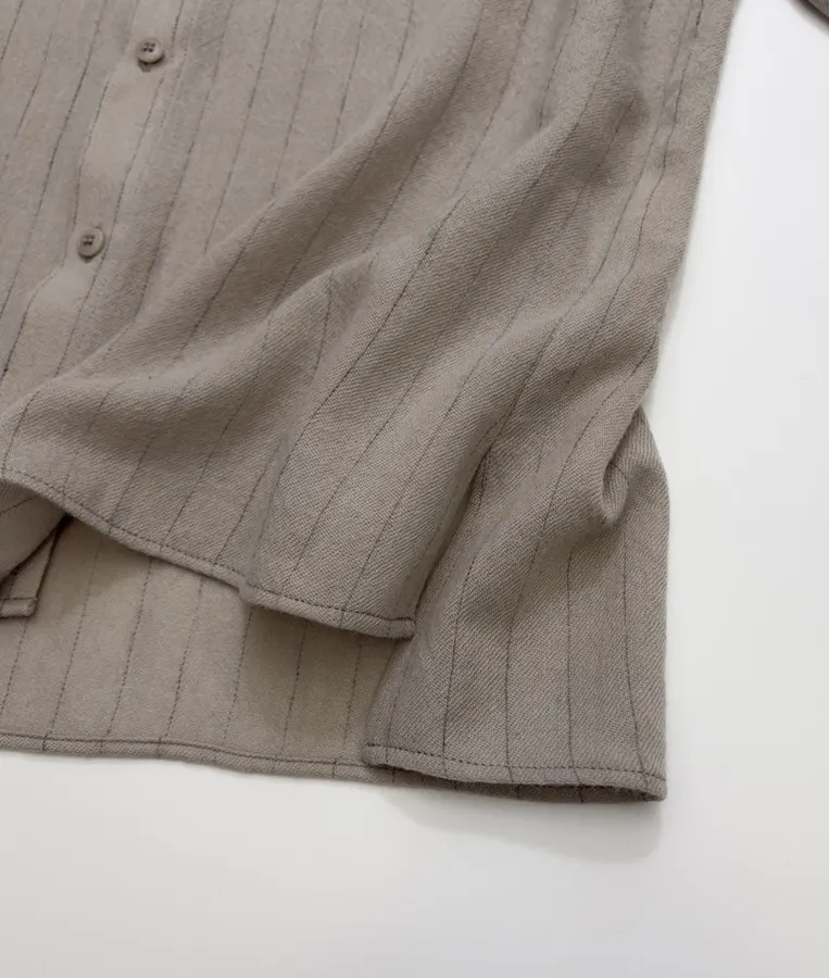 Niche Round-Neck Striped Jacquard Loose Wool Shirt with Wooden Bead Tassel in Taupe, product view 15