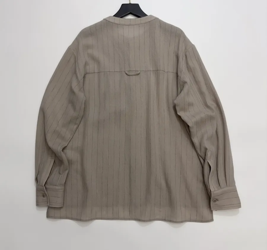 Niche Round-Neck Striped Jacquard Loose Wool Shirt with Wooden Bead Tassel in Taupe, product view 16