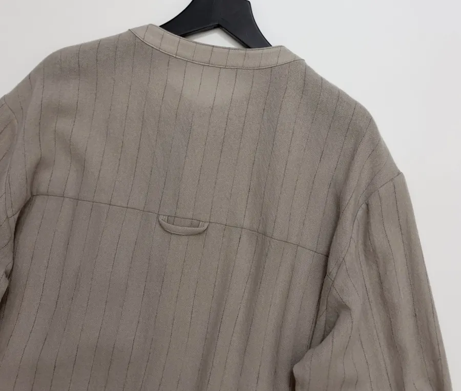 Niche Round-Neck Striped Jacquard Loose Wool Shirt with Wooden Bead Tassel in Taupe, product view 17