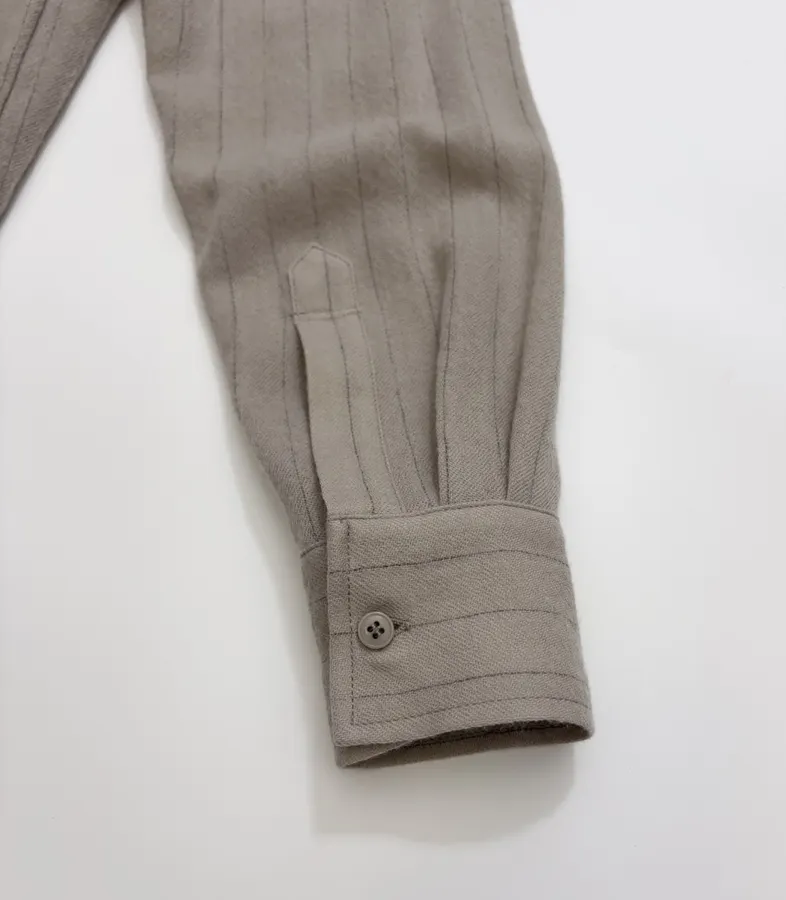 Niche Round-Neck Striped Jacquard Loose Wool Shirt with Wooden Bead Tassel in Taupe, product view 18