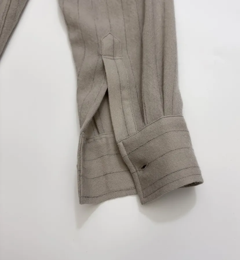 Niche Round-Neck Striped Jacquard Loose Wool Shirt with Wooden Bead Tassel in Taupe, product view 19