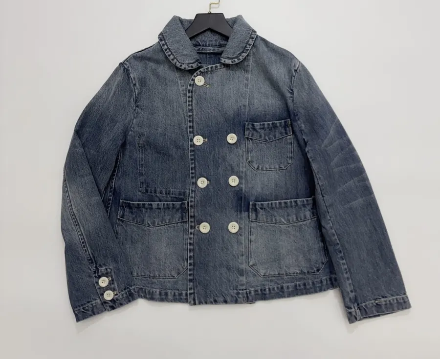 Japanese-style Double-breasted Denim Jacket in Denim Blue, product view 01