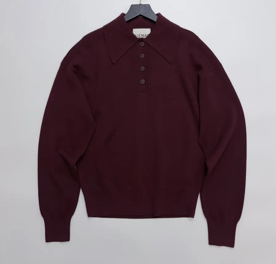 Retro Turn-down Collar Knitted Polo Shirt Top Casual Loose Sweater in Burgundy, product view 01
