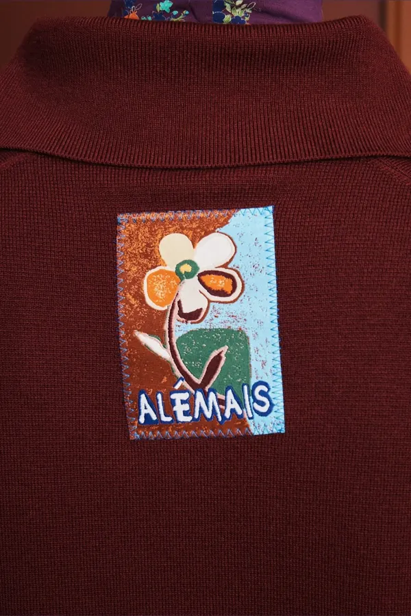 Retro Turn-down Collar Knitted Polo Shirt Top Casual Loose Sweater in Burgundy, product view 05