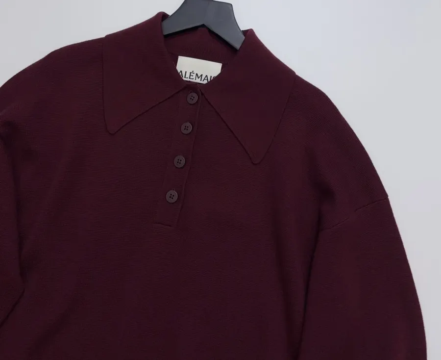 Retro Turn-down Collar Knitted Polo Shirt Top Casual Loose Sweater in Burgundy, product view 07
