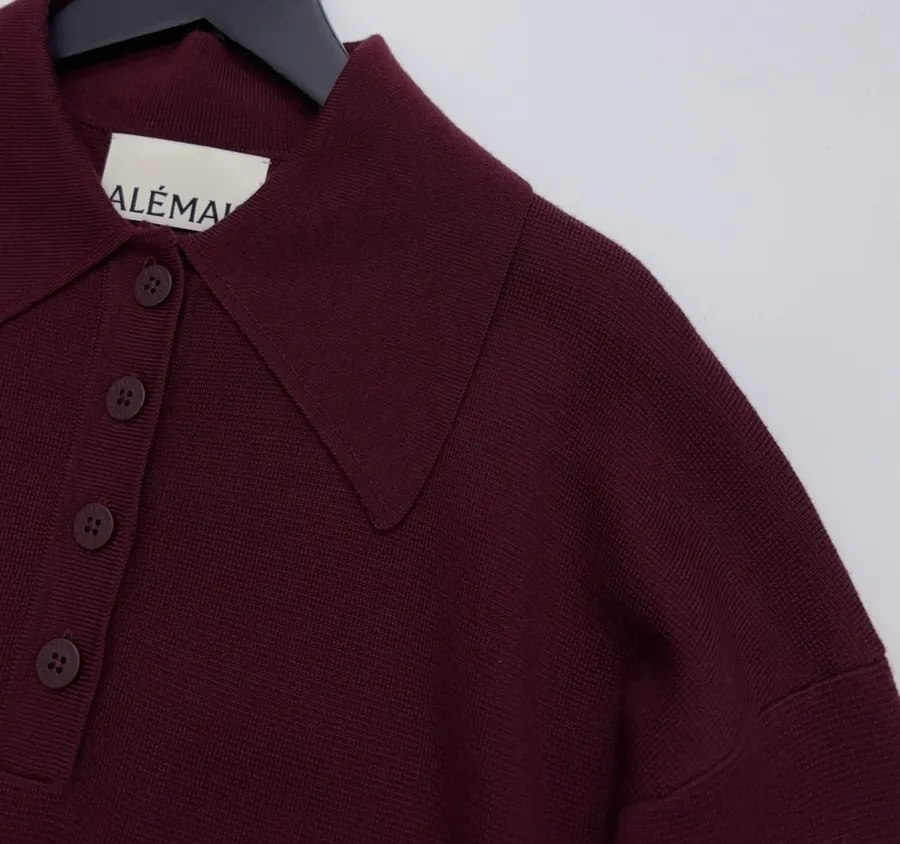 Retro Turn-down Collar Knitted Polo Shirt Top Casual Loose Sweater in Burgundy, product view 08