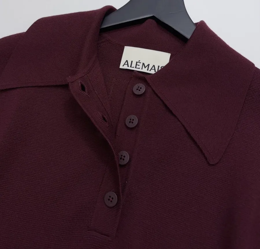 Retro Turn-down Collar Knitted Polo Shirt Top Casual Loose Sweater in Burgundy, product view 10