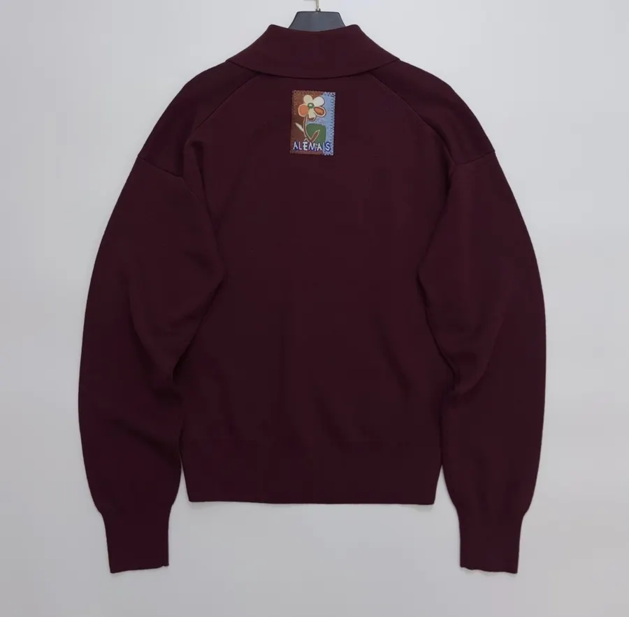 Retro Turn-down Collar Knitted Polo Shirt Top Casual Loose Sweater in Burgundy, product view 18