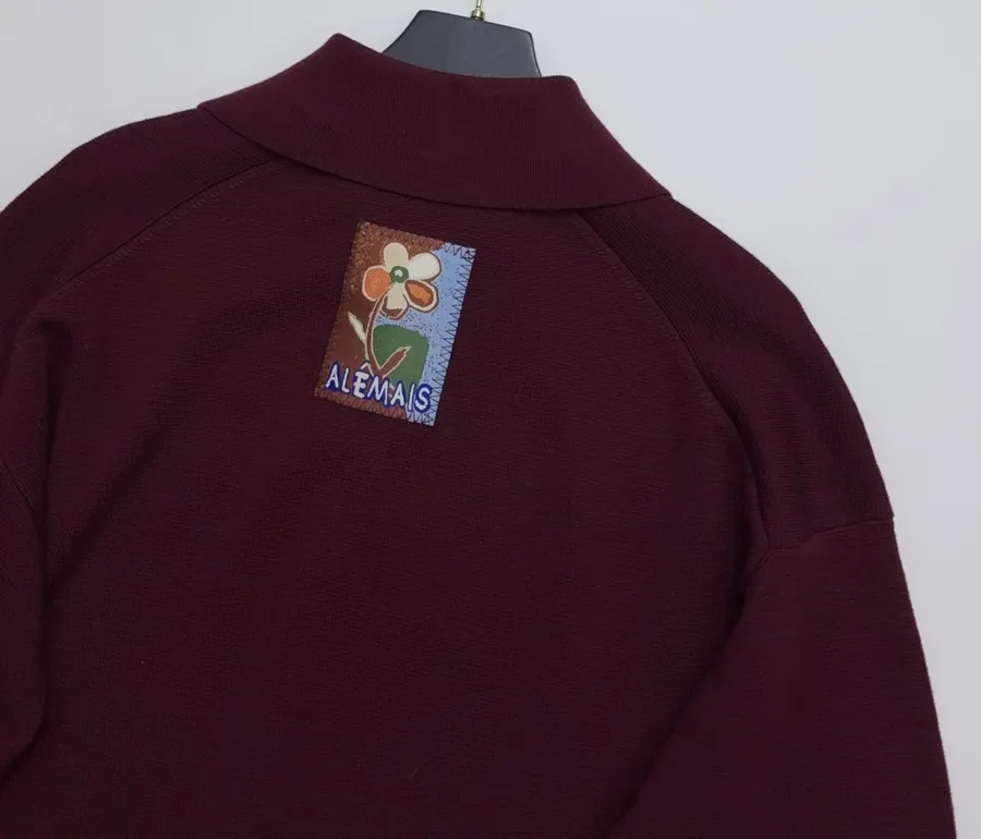 Retro Turn-down Collar Knitted Polo Shirt Top Casual Loose Sweater in Burgundy, product view 19
