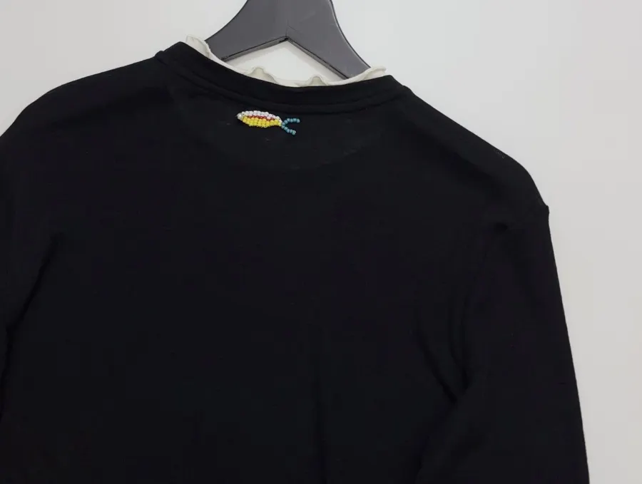 Beaded Double-Collar Wool Fitted Top in Black, product view 11