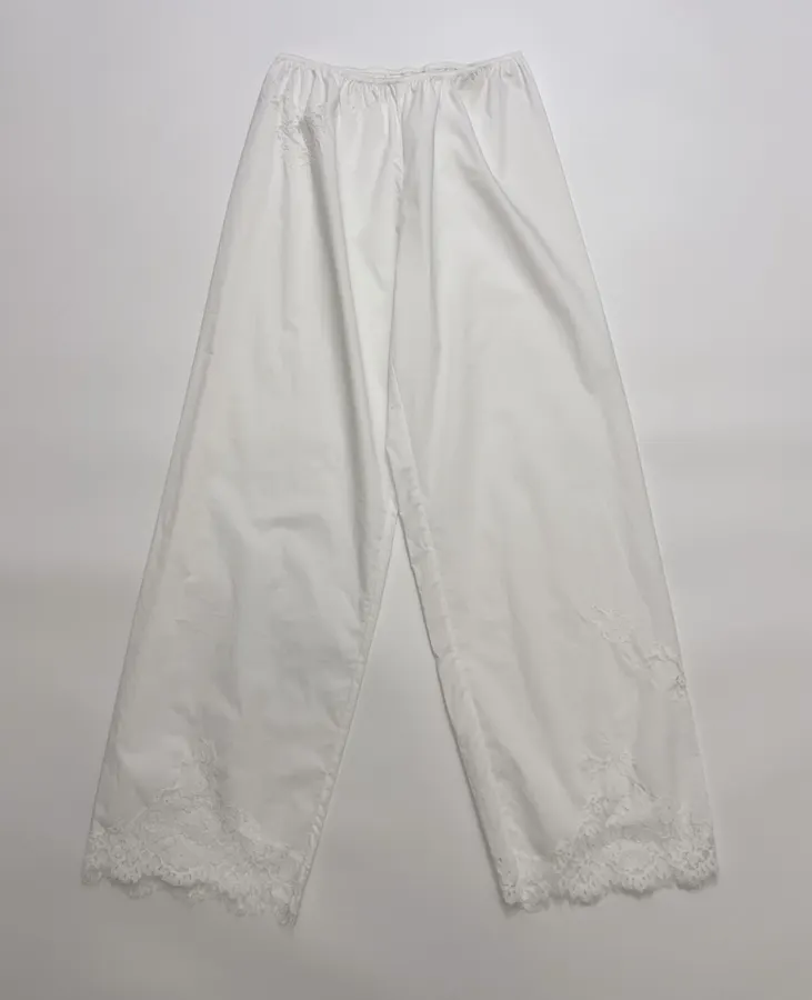 White Lace-patch Organic Cotton Wide-leg Casual Pants in White, product view