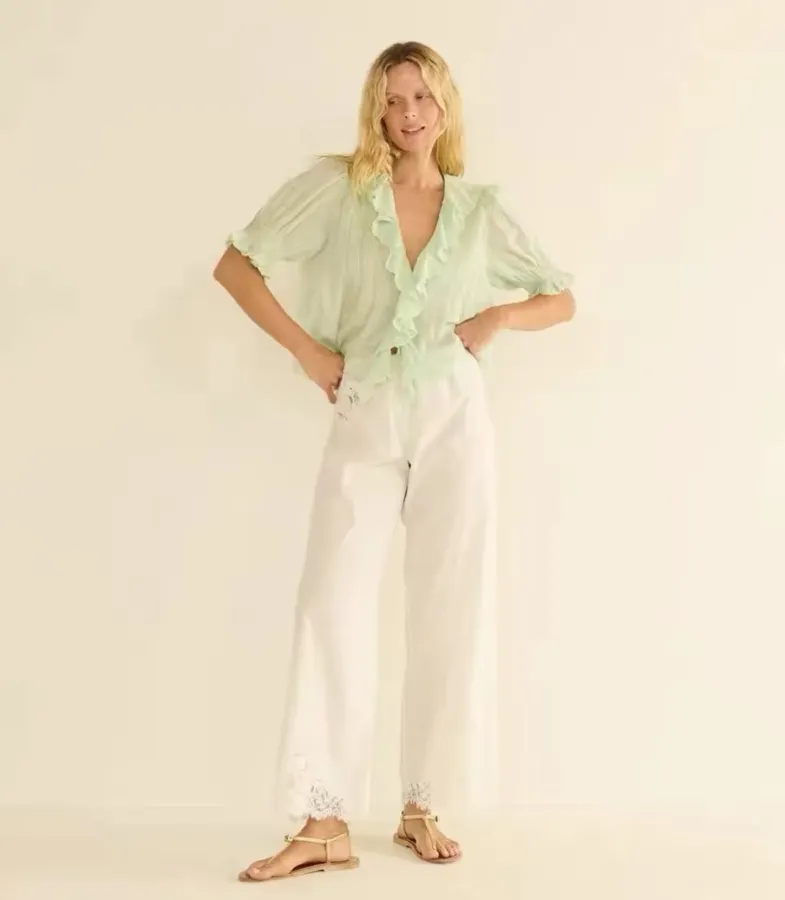 White Lace-patch Organic Cotton Wide-leg Casual Pants in White, product view 15