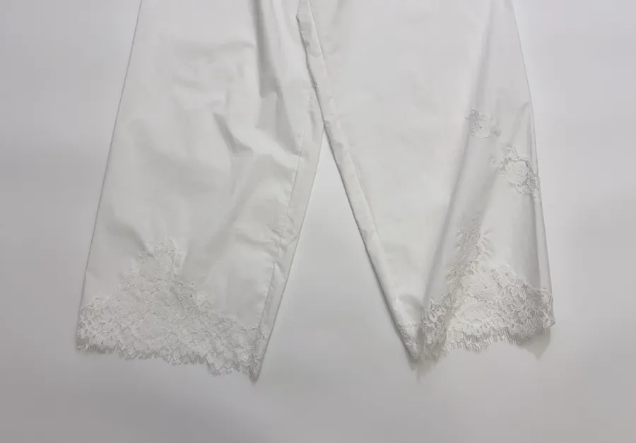 White Lace-Trim Pull-On Straight-Leg Trousers in White, product view 06