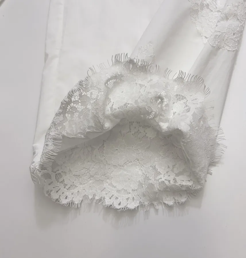 White Lace-Trim Pull-On Straight-Leg Trousers in White, product view 11