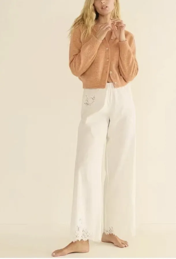White Lace-Trim Pull-On Straight-Leg Trousers in White, product view 15