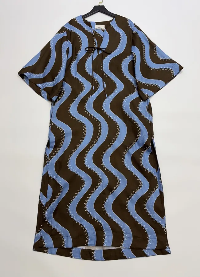 Retro Wave Embroidered Printed Loose-Fit Mid-Length Dress in Blue and Brown, product view 01