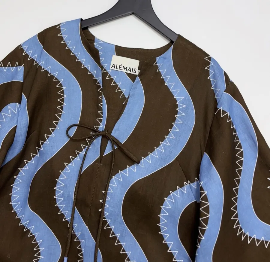 Retro Wave Embroidered Printed Loose-Fit Mid-Length Dress in Blue and Brown, product view 02